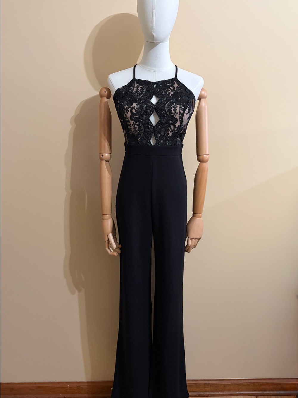 Revamped Black Lace Bodice Halter-Style Jumpsuit - Size Small